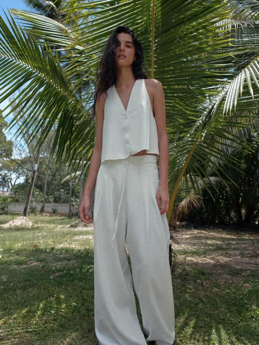 Zara White Linen Blend Wide Leg Pleated High Rise Trousers Size XS
